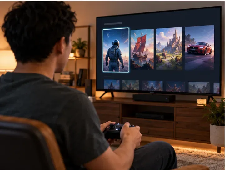 ผู้เล่นกำลังดูภาพอาร์ตเวิร์คของเกมบนโทรทัศน์ที่เชื่อมต่อกับเครื่องเล่นเกม