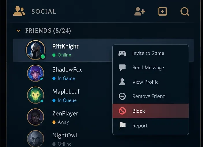 Een sociaal paneel in League of Legends-stijl met een geopend contextmenu voor spelers en de opdracht 'Blokkeren' gemarkeerd.
