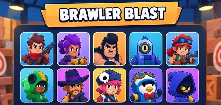 Галерея целей в режиме Brawler Blast, отображающая два ряда красочных портретов персонажей, разблокировка которых осуществляется за кредиты.