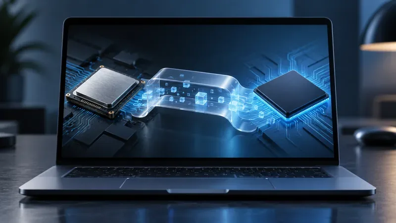 A laptop display showing two processor chips connected by a translucent blue bridge