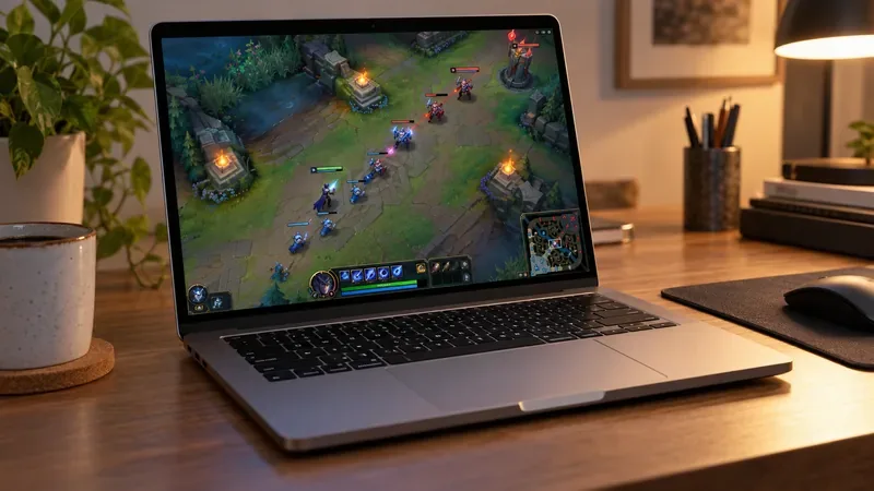 A MacBook Pro on a desk showing an illustrative top-down multiplayer battle scene