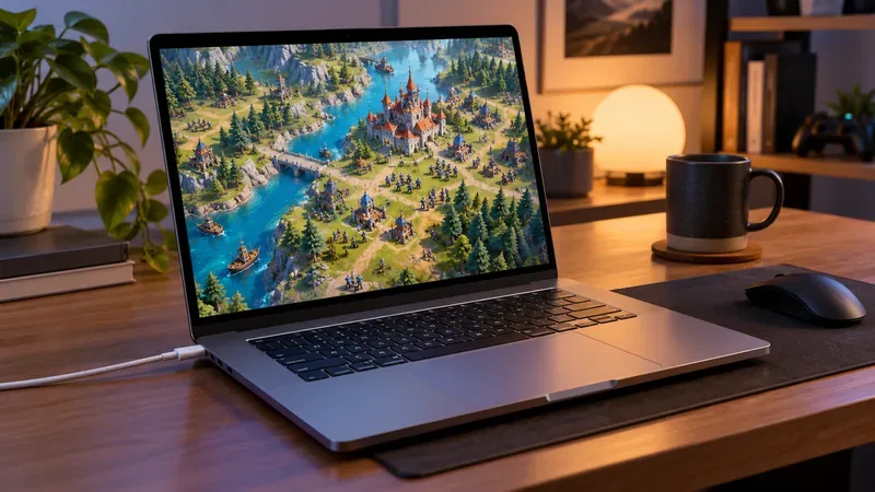 A MacBook Pro on a clear desk with a charging cable connected and a strategy game on screen