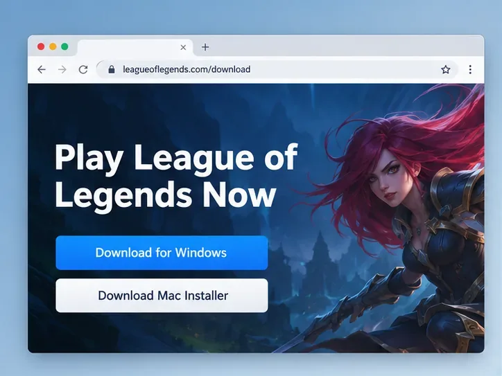 A desktop browser window displays the League of Legends download page with Windows and Mac installer buttons.