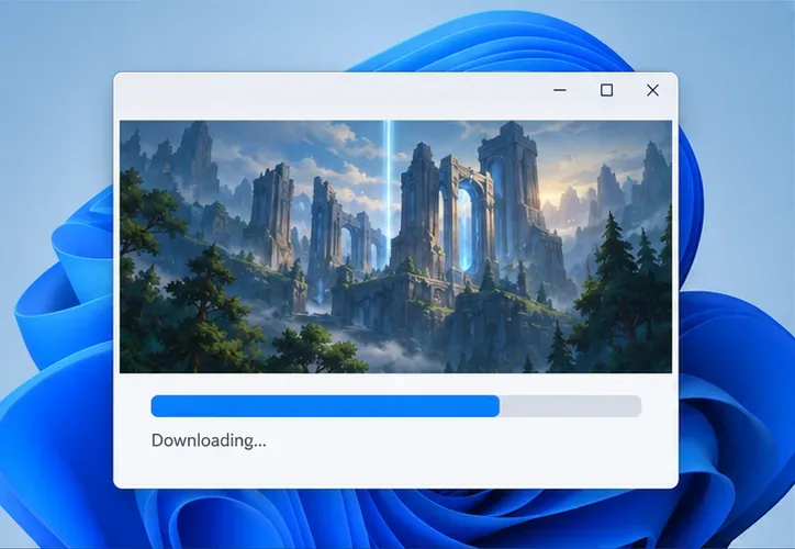 A desktop installer window shows a download progress bar while game files are being installed.