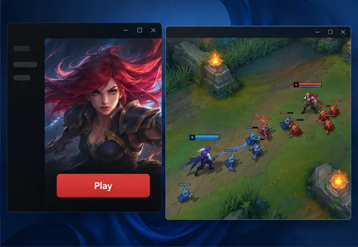 A desktop launcher with a Play button sits beside a separate League-style lane match, showing the game outside the browser.