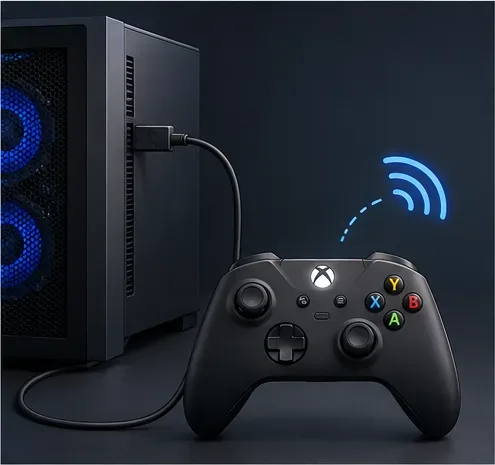 Un controler de joc cu fir conectat la un PC desktop, cu o pictogramă de semnal wireless.