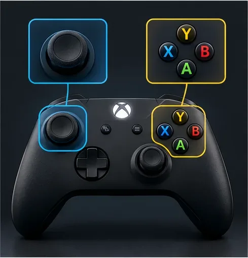Un controler de joc cu joystick-ul stâng evidențiat separat de butoanele frontale.