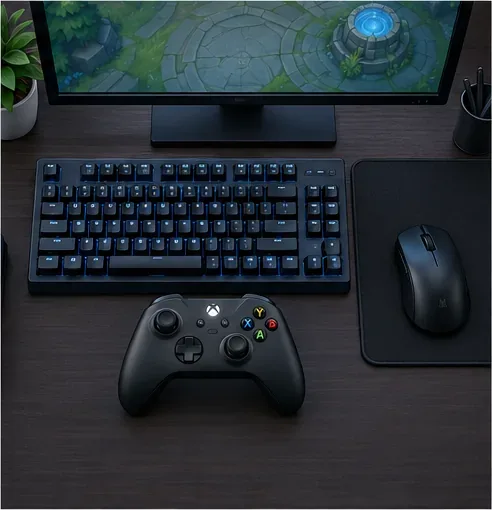 Un birou cu monitor, tastatură, mouse și controler aranjate împreună.