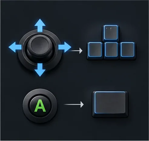 Diagramă conceptuală care arată direcțiile joystick-ului mapate la patru taste de mișcare ale tastaturii și un buton al controlerului mapat la o singură tastă.