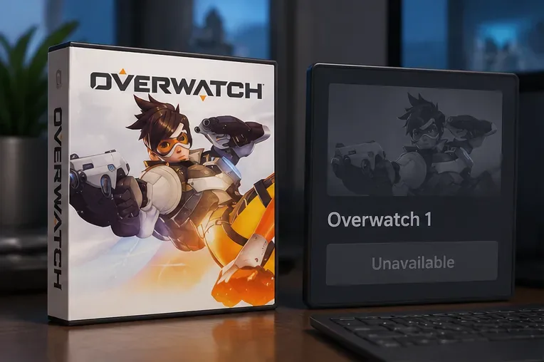 Caixa original do jogo Overwatch ao lado de um ícone escuro do jogo Overwatch 1 marcado como indisponível.