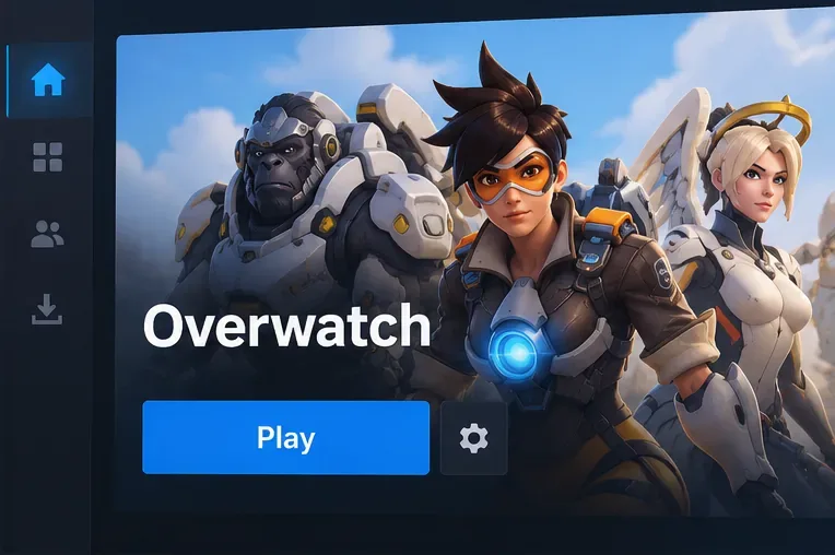 Seleção moderna de partidas de Overwatch com três heróis e um botão azul de "Jogar" em destaque.