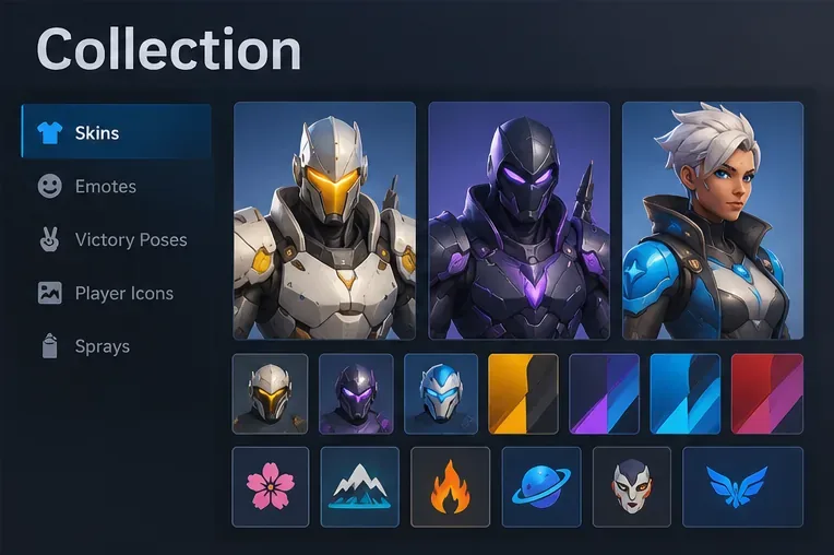 Menu de coleção no estilo Overwatch, exibindo skins de heróis, emotes, ícones de jogadores e sprays.