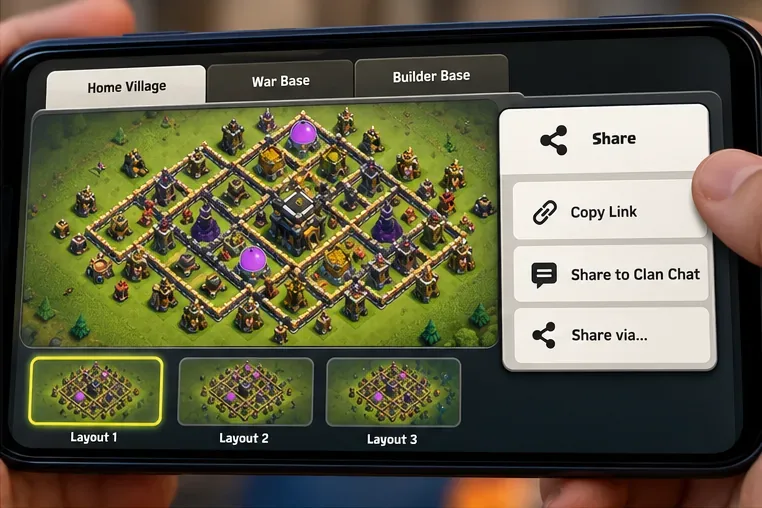 Сохраненный проект Home Village с возможностью обмена и функцией «Копировать ссылку» на экране.