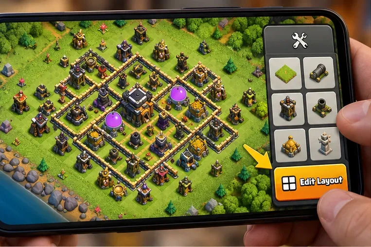 На экране телефона отображается деревня из Clash of Clans и элемент управления «Редактировать планировку» рядом с панелью «Строительство».