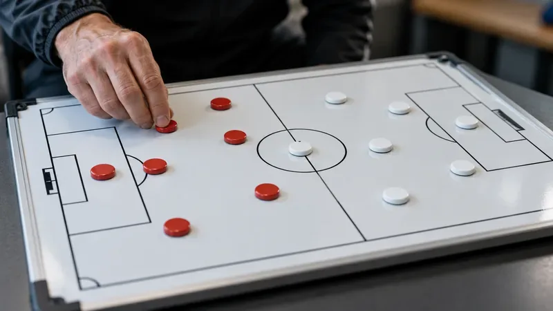 Een hand die rode en witte magneetmarkers op een voetbaltactiekbord rangschikt.