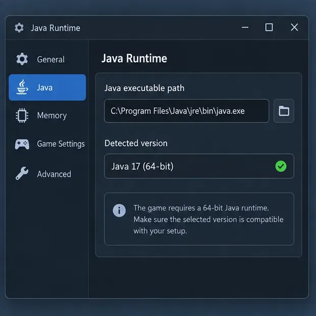 Generic Java runtime settings panel with an executable path and a detected-version field.
