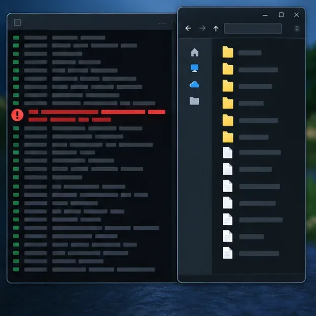 Generic server console with one error row highlighted beside a plugins folder.