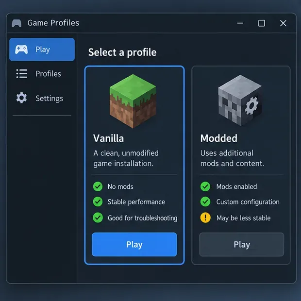 Generic profile selector contrasting an unmodified game profile with a profile that uses mods.