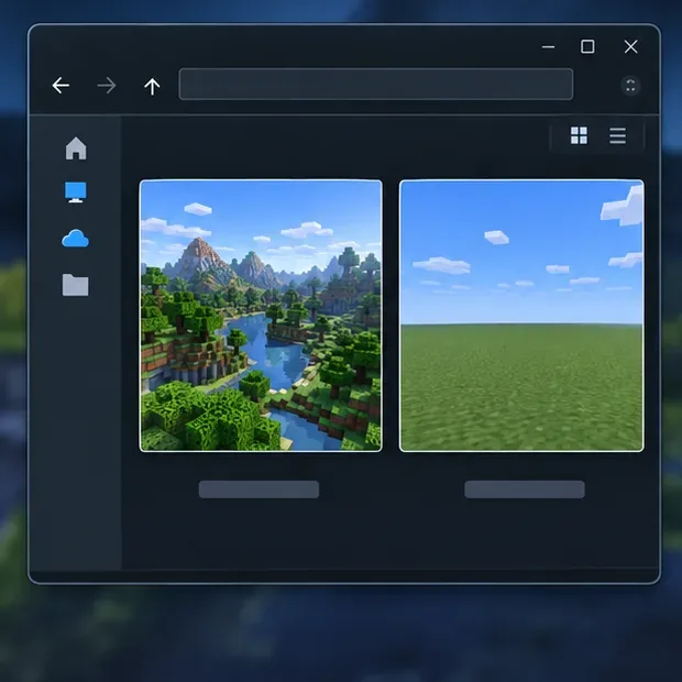 A file browser showing a developed game world next to a fresh flat test world.