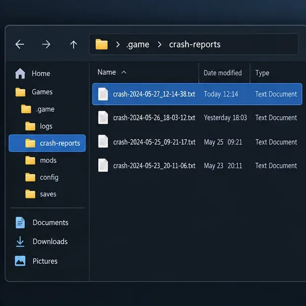 File browser with the crash-reports folder selected beside logs, mods, config, and saves folders.