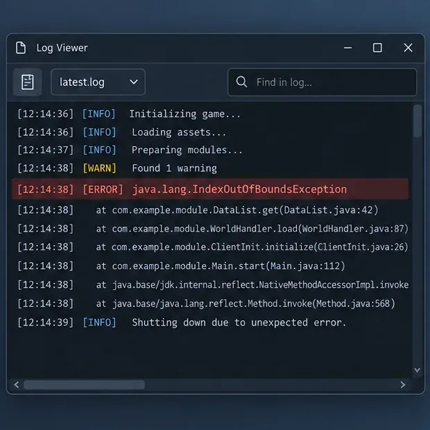 Generic log viewer with a highlighted java.lang.IndexOutOfBoundsException line and stack trace.