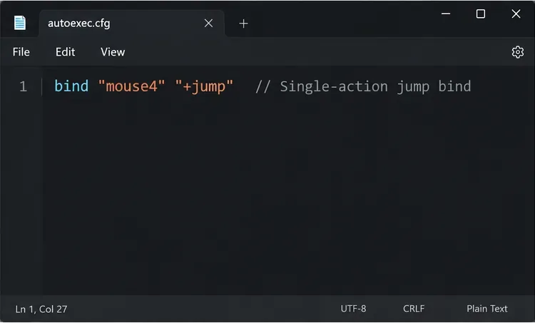 Illustrative dark text editor showing bind mouse4 to +jump as a single-action jump assignment.