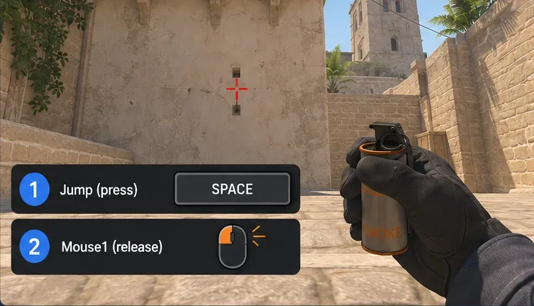 Illustrative first-person smoke lineup with a wall reference and separate prompts to press Space to jump, then release Mouse Button 1.