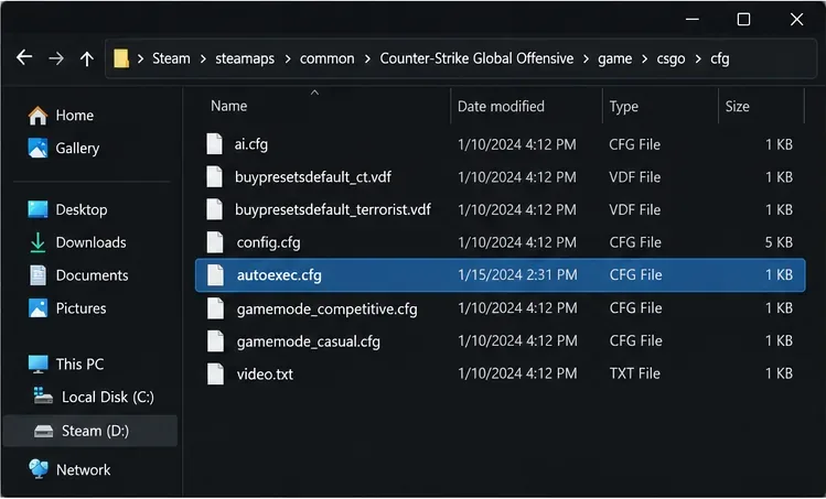 Illustrative Windows file-browser view of the CS2 cfg folder with autoexec.cfg selected and its .cfg extension visible.