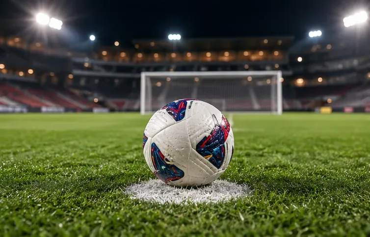 Een witte voetbal met patroon ligt op een gemarkeerd stuk gras, met daarachter een doel zichtbaar.