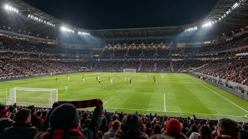 Supporters in red and black scarves watch an illuminated soccer field from the lower stands