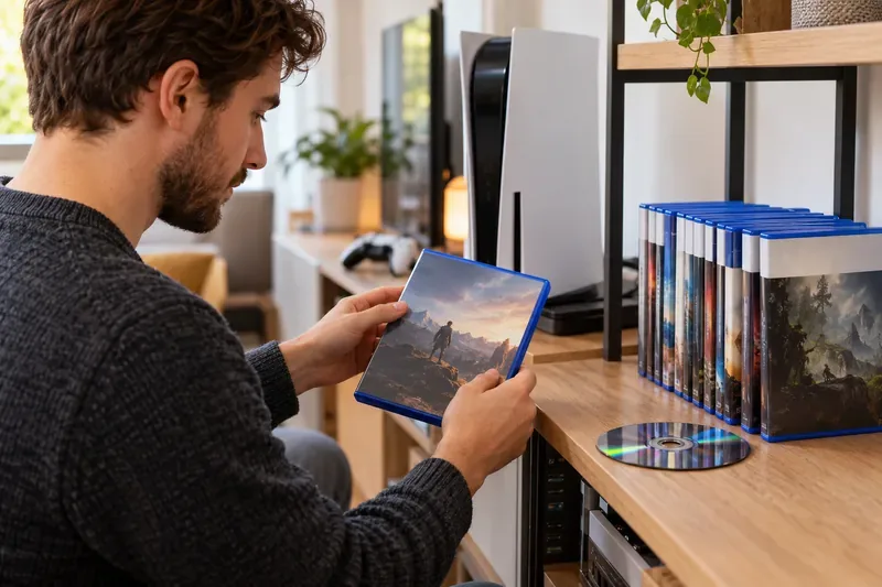 A player holding a boxed game beside a shelf of physical PlayStation-style game cases and a disc
