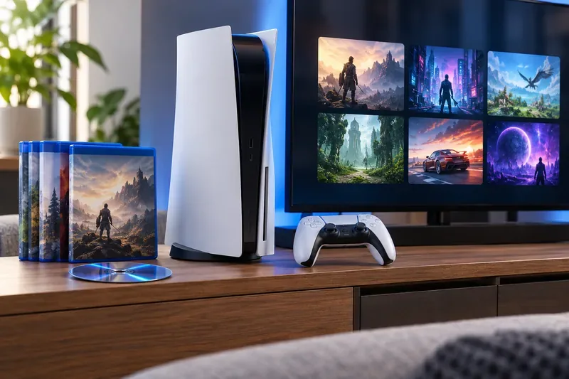 A PS5 setup displaying boxed game cases and a disc beside a screen with digital game tiles
