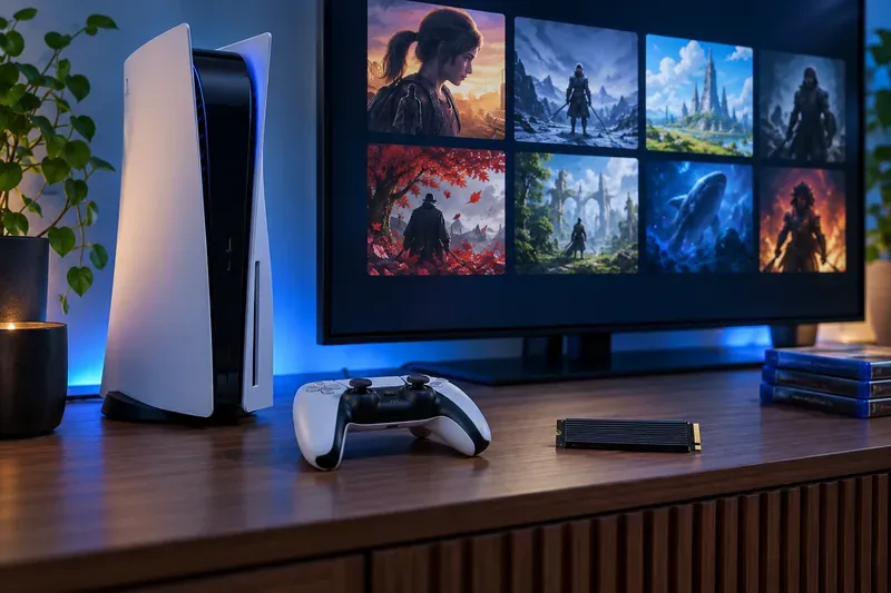 A PS5, controller, game library on a television, and an M.2 SSD on a media desk