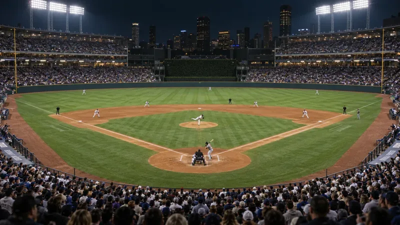 A pitcher and batter face off on a baseball field beneath stadium lights, with fans filling the stands.
