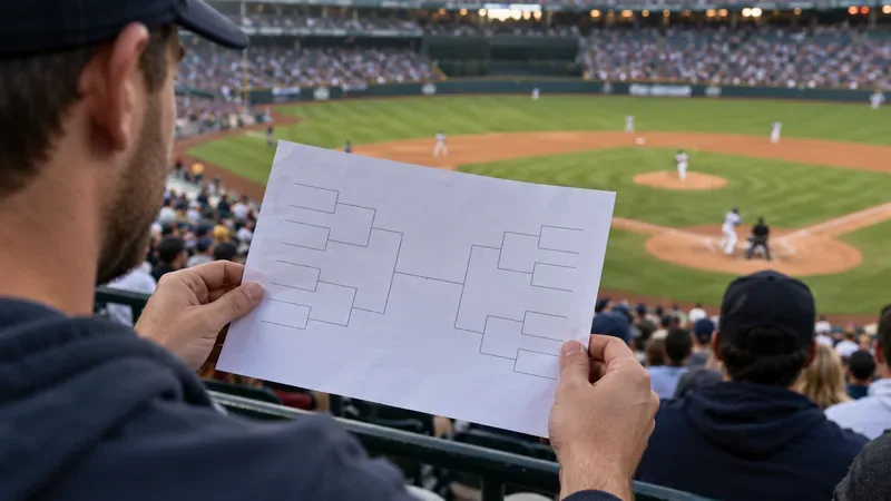 A fan holds an unmarked bracket sheet with empty lines while a baseball game plays behind him.