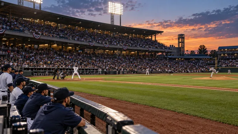 Baseball players and a dugout frame the field as fans watch an evening game.