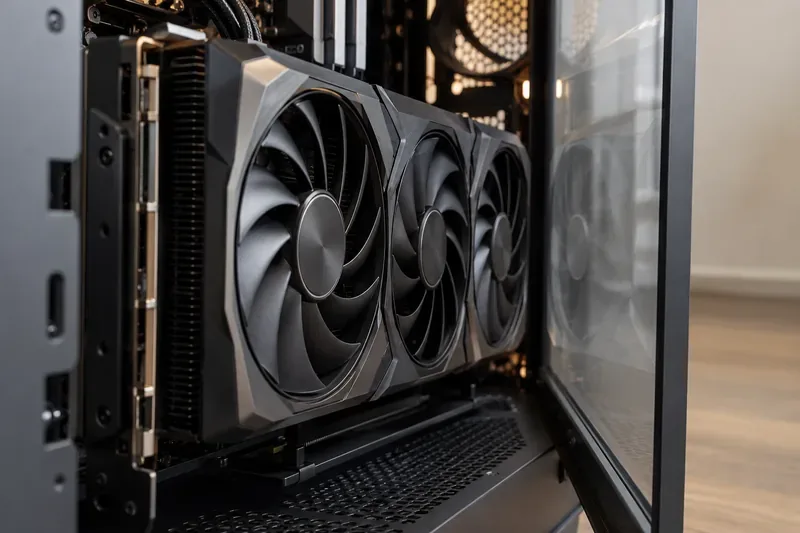 A vertically mounted triple-fan graphics card positioned very close to a tempered-glass side panel