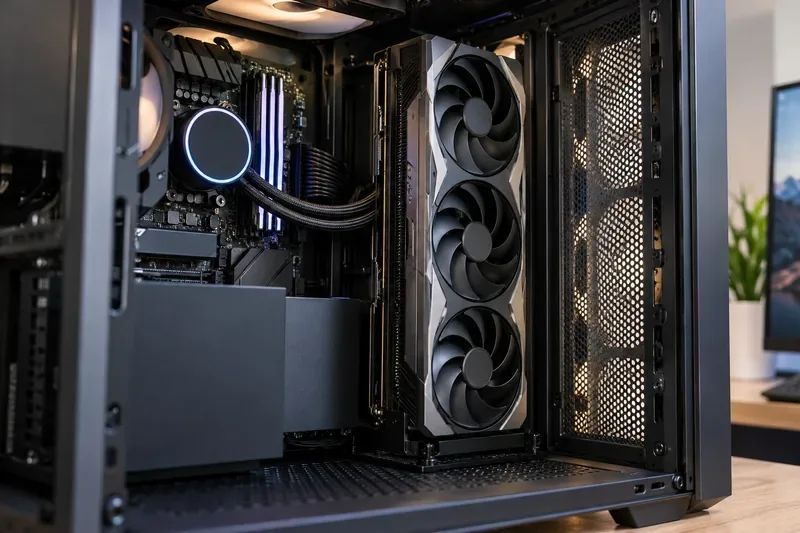 A vertically mounted graphics card with open intake clearance beside a perforated mesh panel