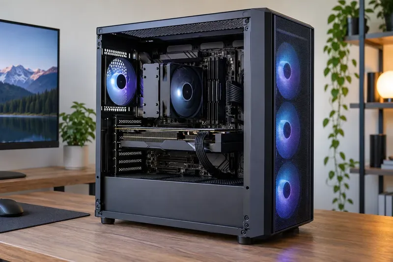 A standard gaming PC tower standing upright with a mesh front intake and a horizontally installed graphics card