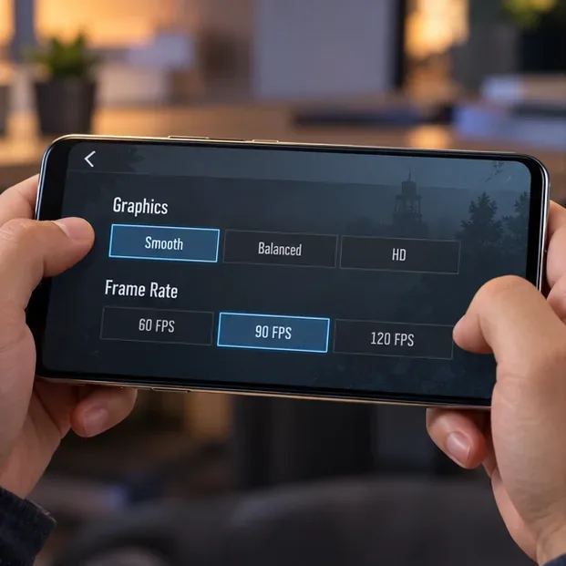 ภาพแนวนอนของโทรศัพท์แสดงเมนูการตั้งค่ากราฟิกสไตล์ PUBG Mobile พร้อมตัวเลือกการปรับความราบรื่นและอัตราเฟรม ตัวเลือกที่มีให้เลือกอาจแตกต่างกันไปตามอุปกรณ์