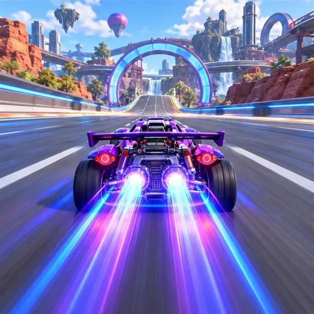Purple rocket car accelerates down a straight with bright blue and pink exhaust trails.