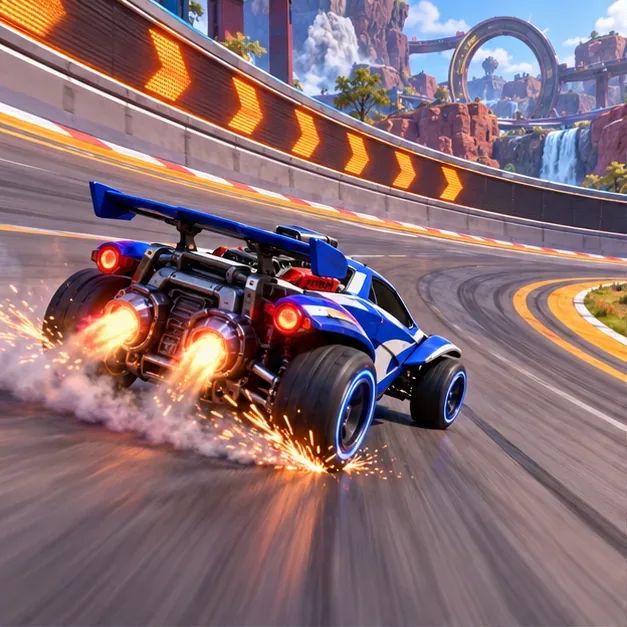 Blue rocket-powered car slides around a banked track curve with sparks at its rear tires.