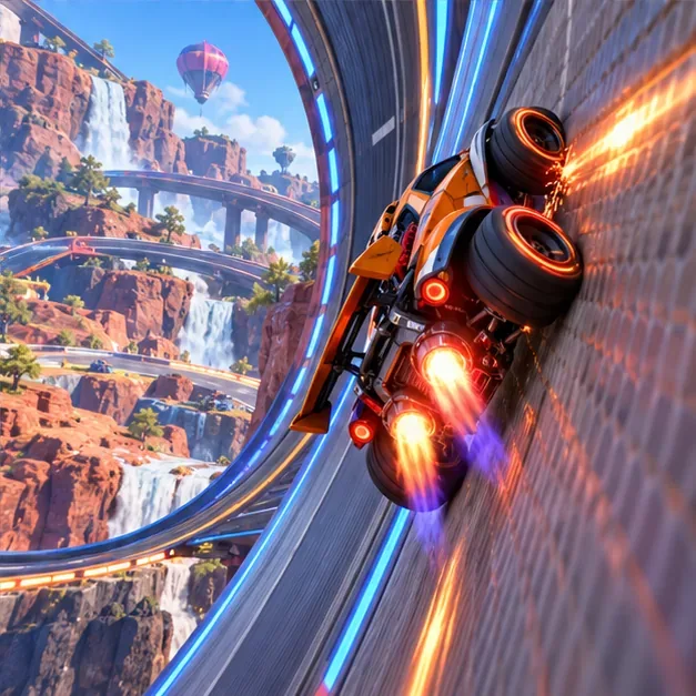 Orange rocket-powered car angles onto a vertical curved track wall, with its wheels against the surface.