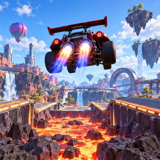 Red rocket-powered car flies above a lava-filled gap between track sections with its thrusters firing.