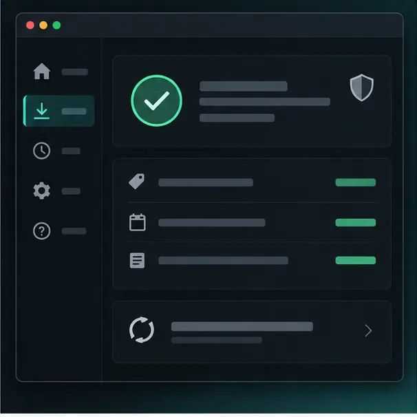 Conceptual desktop status panel with a version checklist, update controls, and a shield icon