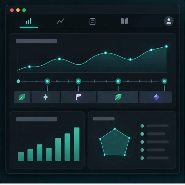 Conceptual post-match dashboard with a timeline, trend line, bar chart, and personal performance categories