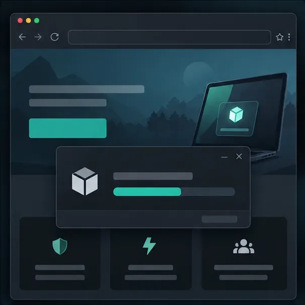 Conceptual desktop browser and installer window showing a publisher download and progress bar