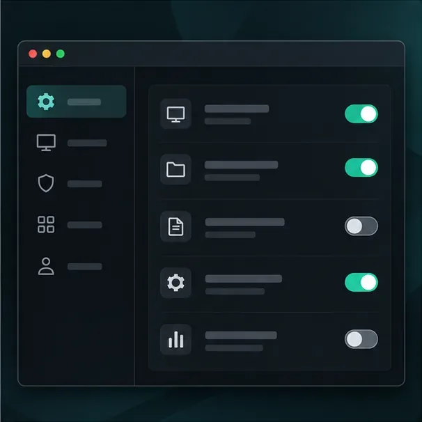 Conceptual desktop app settings window with several feature toggles, some enabled and some disabled