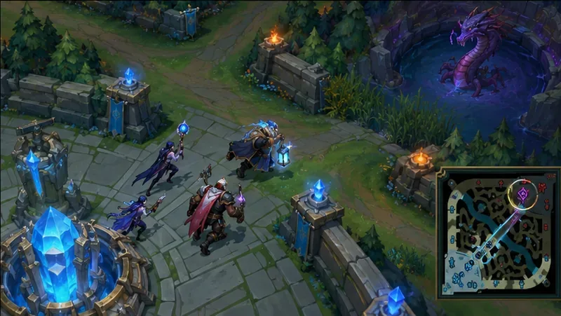 A support leads teammates from base toward the river, with the objective area visible on the minimap