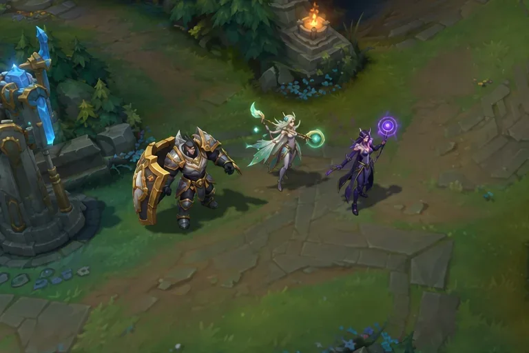 Three support playstyles shown on a Summoner’s Rift lane: a shielded melee tank, a glowing enchanter, and a purple-robed mage